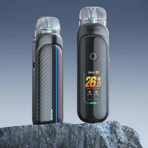 Απεικόνιση των δύο όψεων του Aspire Pixo Pod Black πάνω σε ένα βράχο