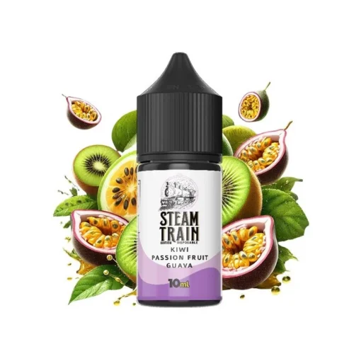 Οπτική απεικόνιση της συσκευασίας του Kiwi Passion Fruit Guava της Steam Train 30ml.