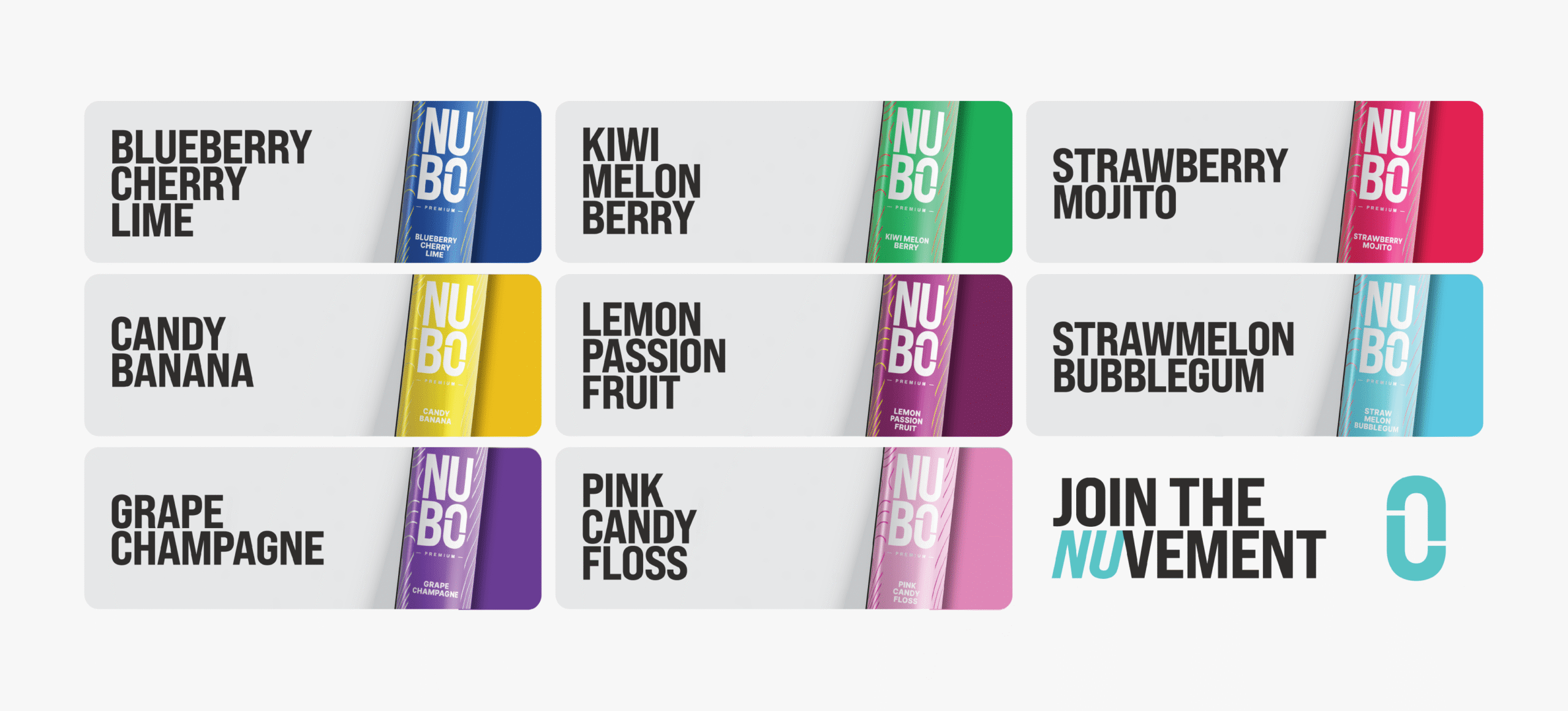 Nubo Liquids banner με τις δισθέσιμες γεύσεις.