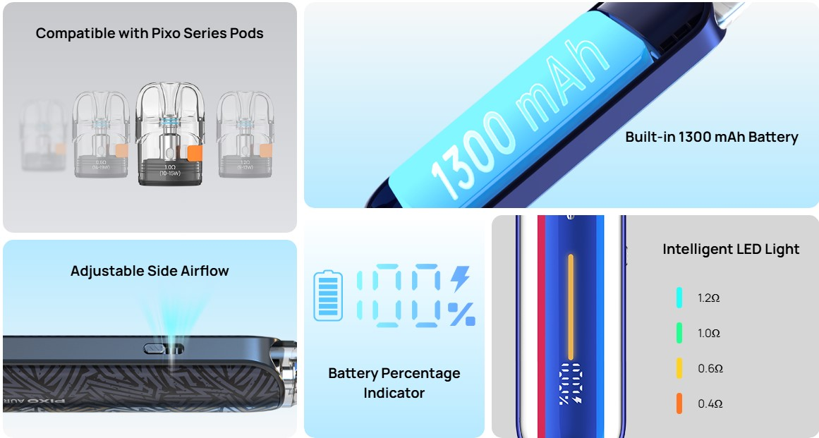Βασικά προτερήματα του Aspire Pixo Aura Pod Kit 2ml 1300mAh Μεγάλη μπαταρία συμβατότητα με τις κάψουλες Pixo ρύθμιση αέρα ένδειξη μπαταρίας