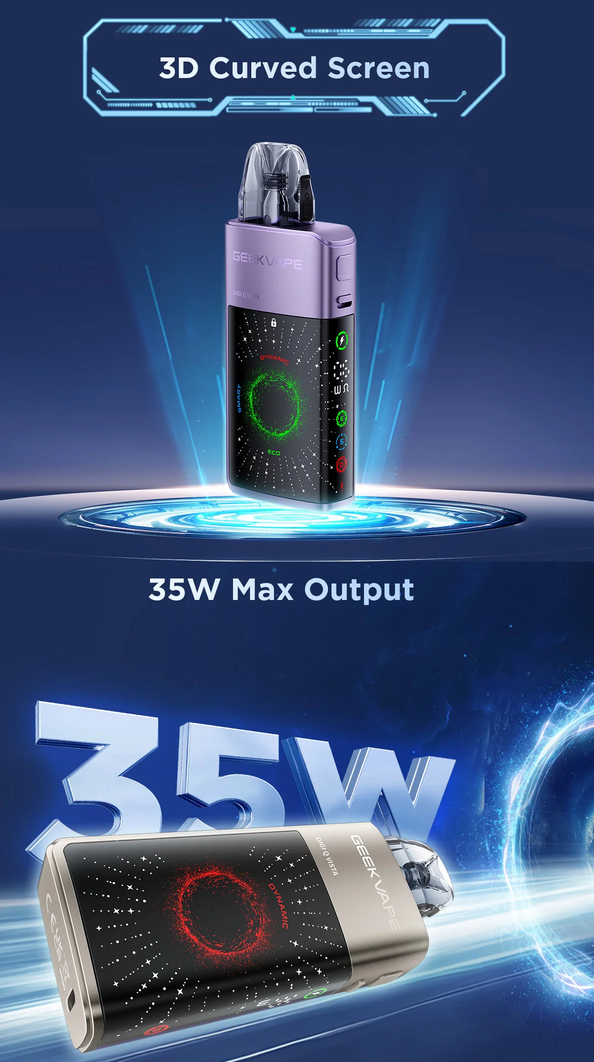 Το Geekvape DigiQ Vista Pod Kit 3ml 1600mAh διαθέτει 3D οθόνη με καμπύλη ορατή σε δύο πλευρές Μέγιστη ισχύς στα 35w