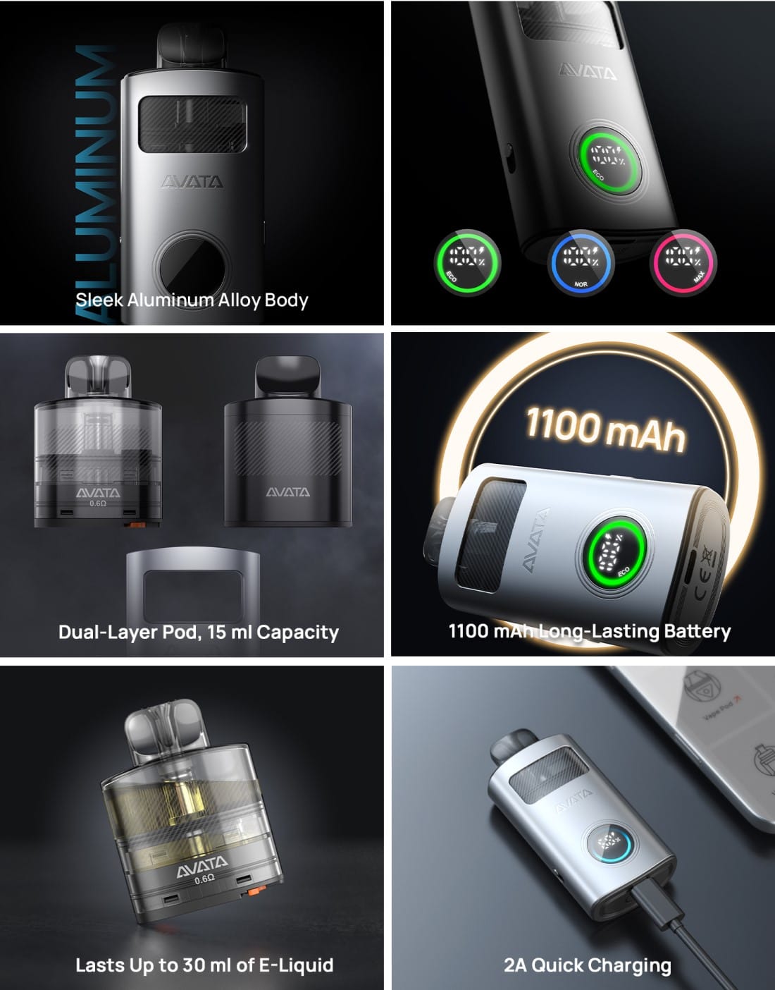 Aspire-avata-pod-kit-features-vaporstation | Vaporstation.gr Μία συλλογή εικόνων που περιγραφουν τα βασικά χαρακτηριστικά του Aspire Avata Κατασκευή από αλουμίνιο και PCTG 3 modes ισχύος δίχωρη δεξαμενή 1100mAh μπαταρία 2Α γρήγορη φόρτιση