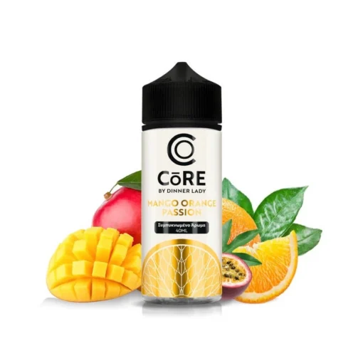 Εικόνα από τη συσκευασία του Dinner Lady Core Mango Orange Passion 40/120ml. Γύρω από το μπουκάλι απεικονίζονται μάνγκο, πορτοκάλια και φρούτο του πάθους.