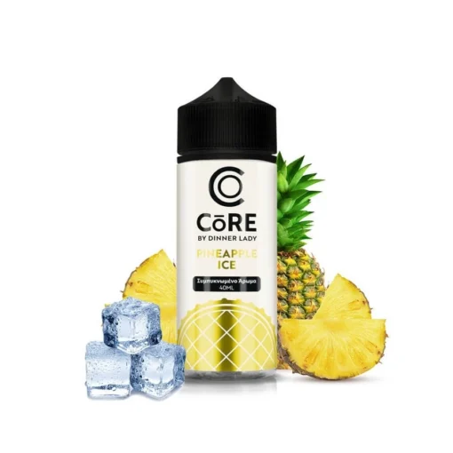 Εικόνα από τη συσκευασία του Dinner Lady Core Pineapple Ice 40/120ml. Γύρω από το μπουκάλι απεικονίζονται κομμάτια ανανά και παγάκια.