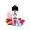 Εικόνα από τη συσκευασία του Dinner Lady Core Pink Lemonade 40120ml Γύρω από το μπουκάλι υπάρχουν φράουλες σμέουρα πάγος κι ένα ποτήρι με pink lemonade