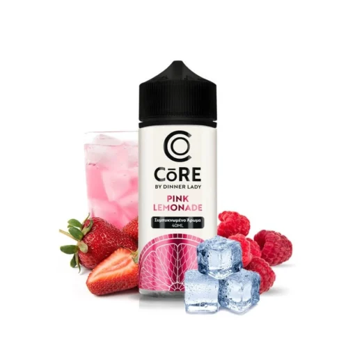 Εικόνα από τη συσκευασία του Dinner Lady Core Pink Lemonade 40/120ml. Γύρω από το μπουκάλι υπάρχουν φράουλες, σμέουρα, πάγος κι ένα ποτήρι με pink lemonade.