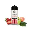 Εικόνα από τη συσκευασία του Dinner Lady Core Strawberry Apple 40/120ml. Γύρω από το μπουκάλι υπάρχουν φράουλες και μήλα.