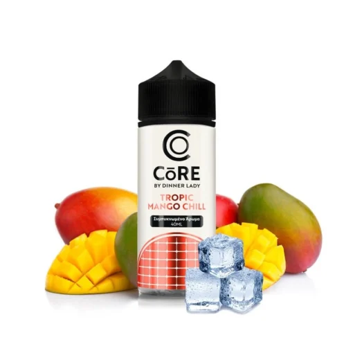 Εικόνα από τη συσκευασία του Dinner Lady Core Tropic Mango Chill 40/120ml. Γύρω από το μπουκάλι υπάρχει μάνγκο και πάγος.