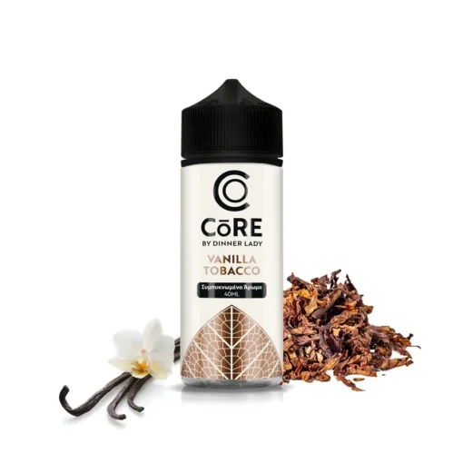 Εικόνα από τη συσκευασία του Dinner Lady Core Vanilla Tobacco 40/120ml. Γύρω από το μπουκάλι υπάρχει καπνός και βανίλια.