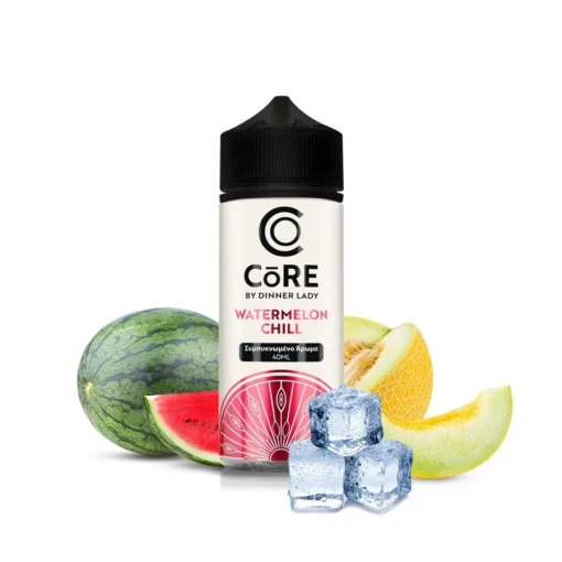 Εικόνα από τη συσκευασία του Dinner Lady Core Watermelon Chill 40/120ml. Γύρω από το μπουκάλι υπάρχει καρπούζι, πεπόνι και πάγος.
