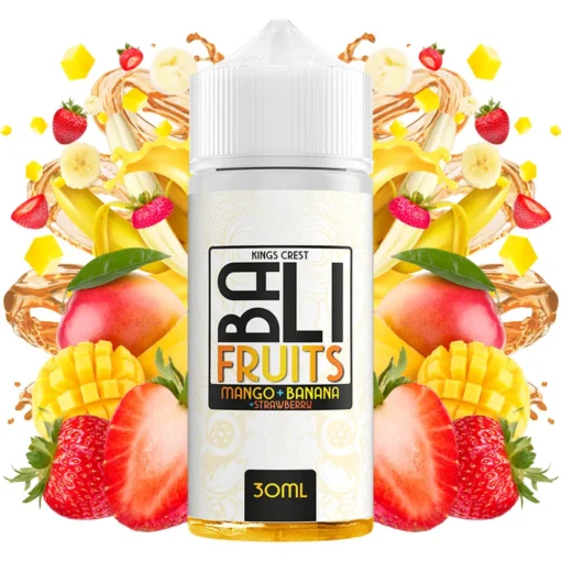 Οπτική απεικόνιση της συσκευασίας του Kings Crest Bali Fruits Mango Banana Strawberry 120ml.