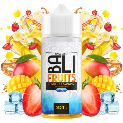 Οπτική απεικόνιση της συσκευασίας του Kings Crest Bali Fruits ICE Mango Banana Strawberry 120ml.