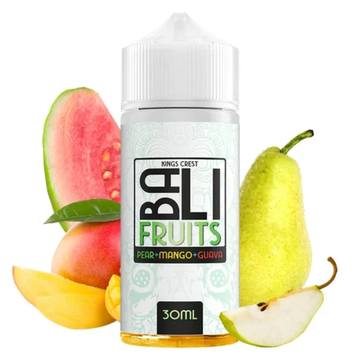 Οπτική απεικόνιση της συσκευασίας του Kings Crest Bali Fruits Pear Mango Guava 120ml.