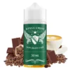 Οπτική απεικόνιση της συσκευασίας του Kings Crest Don Juan Cafe 120ml που πλαισιώνεται από κοκκους καφέ σοκολάτα και ένα φλυτζάνι μοκατσίνο
