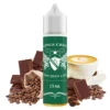 Οπτική απεικόνιση της συσκευασίας του Kings Crest Don Juan Cafe 60ml που πλαισιώνεται από κοκκους καφέ σοκολάτα και ένα φλυτζάνι μοκατσίνο