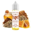 Οπτική απεικόνιση της συσκευασίας του Kings Crest Don Juan Tobacco Honey 60ml που πλαισιώνεται από τριμένα φύλλα καπνού μέλι και κηρήθρα