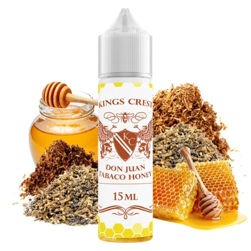 Οπτική απεικόνιση της συσκευασίας του Kings Crest Don Juan Tobacco Honey 60ml που πλαισιώνεται από τριμένα φύλλα καπνού, μέλι και κηρήθρα.