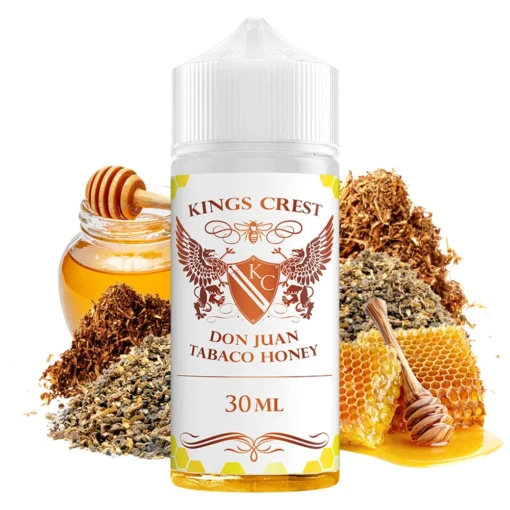Οπτική απεικόνιση της συσκευασίας του Kings Crest Don Juan Tobacco Honey 120ml που πλαισιώνεται από τριμένα φύλλα καπνού, μέλι και κηρήθρα.
