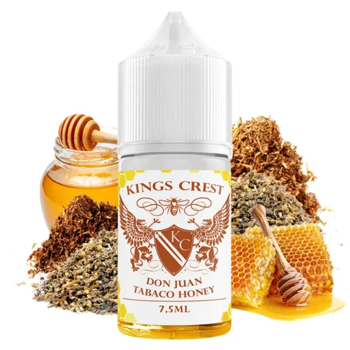 Οπτική απεικόνιση της συσκευασίας του Kings Crest Don Juan Tobacco Honey 30ml που πλαισιώνεται από τριμένα φύλλα καπνού, μέλι και κηρήθρα.