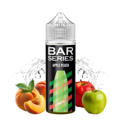 Οπτική απεικόνιση της συσκευασίας του Mixtio Bar Series Apple Peach 120ml που περιβάλλεται από τα αντίστοιχα φρούτα