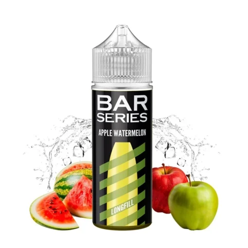 Οπτική απεικόνιση της συσκευασίας του Mixtio Bar Series Apple Watermelon 120ml που περιβάλλεται από τα αντίστοιχα φρούτα