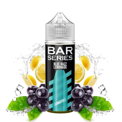 Οπτική απεικόνιση της συσκευασίας του Mixtio Bar Series Blue Razz Lemonade 120ml που περιβάλλεται από τα αντίστοιχα φρούτα