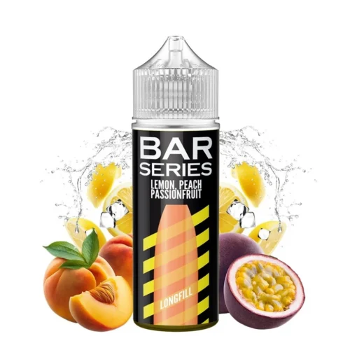 Οπτική απεικόνιση της συσκευασίας του Mixtio Bar Series Lemon Peach Passion Fruit 120ml που περιβάλλεται από τα αντίστοιχα φρούτα