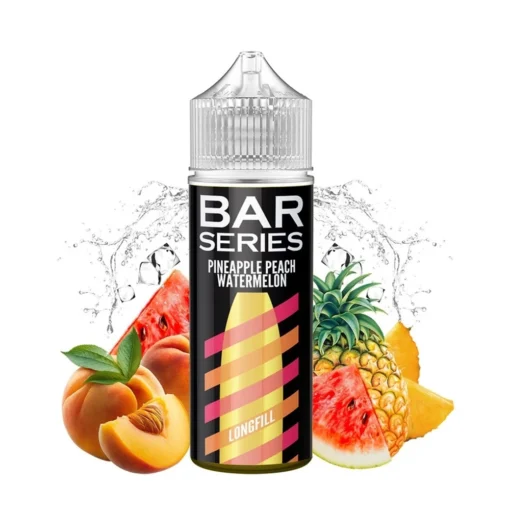 Οπτική απεικόνιση της συσκευασίας του Mixtio Bar Series Pineapple Peach Watermelon 120ml που περιβάλλεται από τα αντίστοιχα φρούτα
