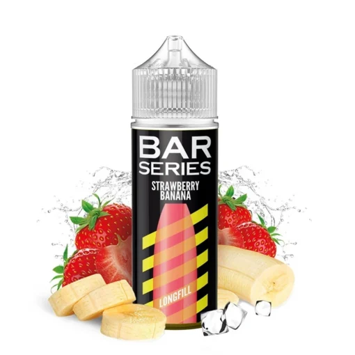 Οπτική απεικόνιση της συσκευασίας του Mixtio Bar Series Strawberry Banana 120ml που περιβάλλεται από τα αντίστοιχα φρούτα.