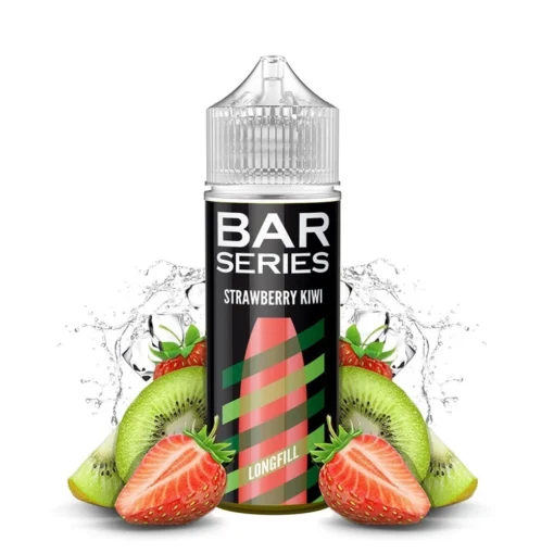Οπτική απεικόνιση της συσκευασίας του Mixtio Bar Series Strawberry Kiwi 120ml που περιβάλλεται από τα αντίστοιχα φρούτα