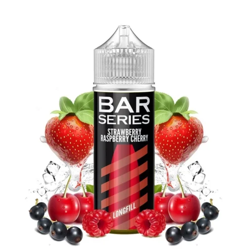Οπτική απεικόνιση της συσκευασίας του Mixtio Bar Series Strawberry Raspberry Cherry 120ml που περιβάλλεται από τα αντίστοιχα φρούτα