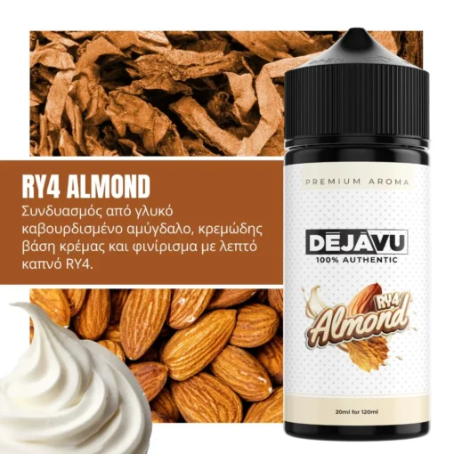 Οπτική απεικόνιση της συσκευασίας του RY4 Almond της DejaVu 120ml.