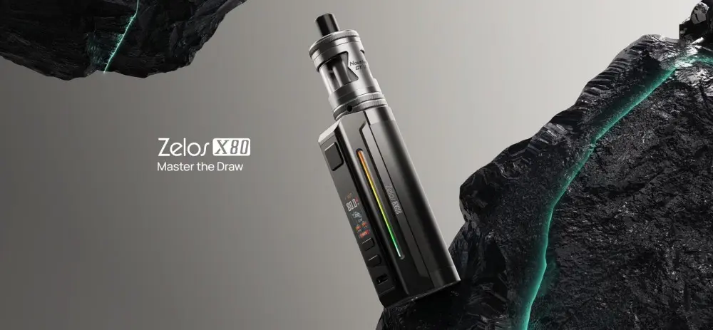 Promo banner απεικονίζει το Aspire Zelos X80 Kit πάνω σε ένα βράχο