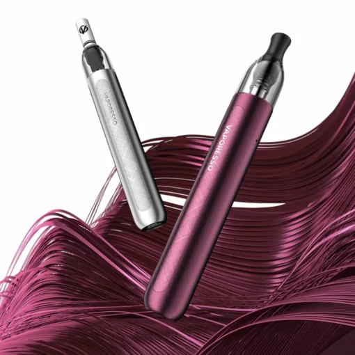 Καλλιτεχνική φωτογραφία του προϊόντος Vaporesso Eco One Pro Pod Kit της Vaporesso απεικονιζόμενο πάνω σε μωβ κυματιστές κορδέλες