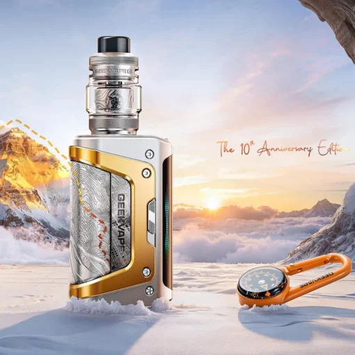 Οπτική απεικόνιση του Geekvape Aegis Legend 5 KIT 10th Anniversary Edition Everest Sunrise με φόντο το Έβερεστ.