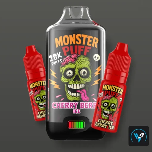 Οπτική απεικόνιση της συσκευής μίας χρήσης Monster Puff 28k Cherry Berry Ice