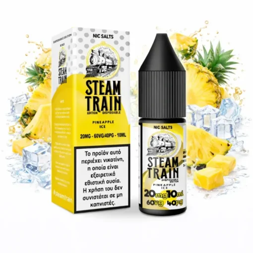 Οπτική απεικόνιση του Steam Train Disposable Edition Pineapple Ice με νικοτίνη αλάτων 20mgml σε μπουκάλι 10ml