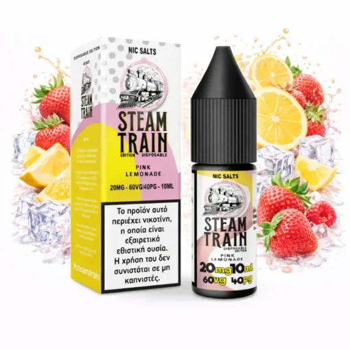 Οπτική απεικόνιση του Steam Train Disposable Edition Pink Lemonade με νικοτίνη αλάτων 20mgml σε μπουκάλι 10ml
