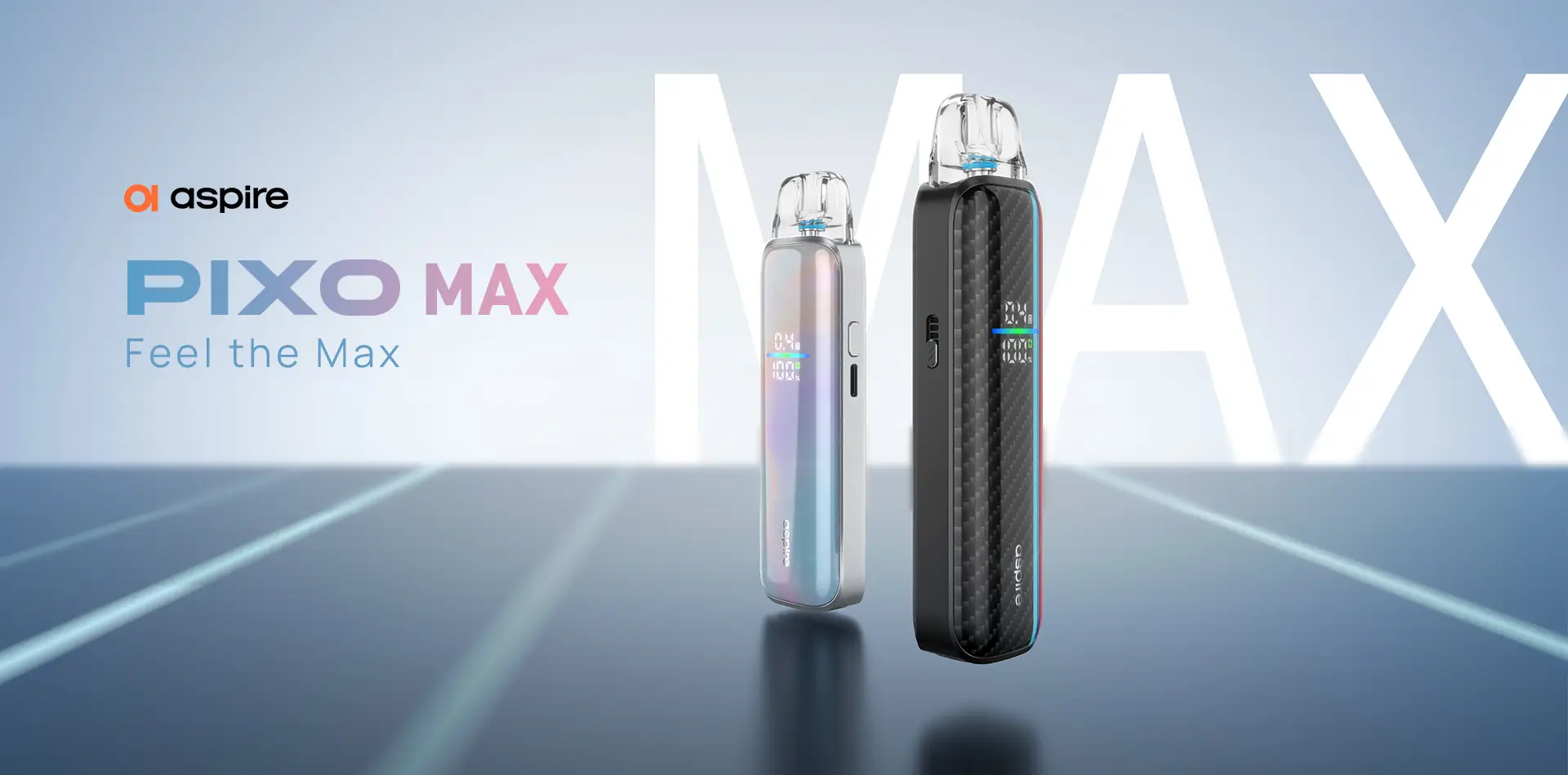 Two Aspire PixO Max vaporizers floating in a blue gradient background with the text PIXO MAX and Feel the Max