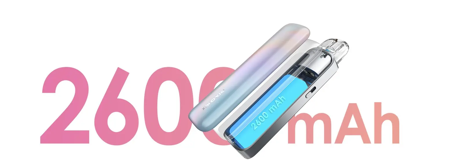 Vape pen with a gradient body and clear cartridge showing a 2600 mAh battery against a large pink 2600 mAh backdrop