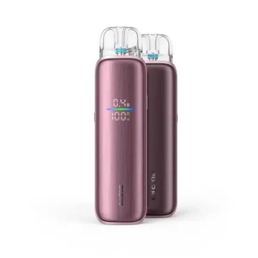 Two metallic pinkpurple vape pod devices with transparent mouthpieces showing an LED display and battery indicators