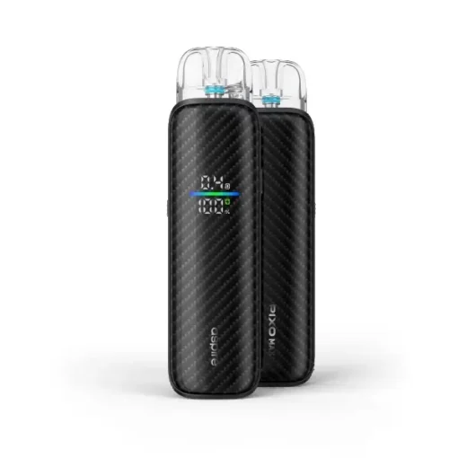 Two black carbonfiber patterned vape pod systems with clear mouthpieces standing upright side by side digital display visible on the front indicating battery level