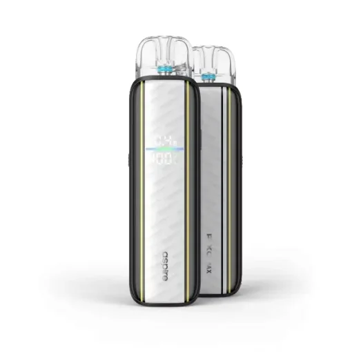 Dual-tank vape mod with two clear cartridges on top white body with green-yellow trim stands upright