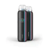 Dual pod vaping device with a carbon-fiber finish blue and red accent stripes and two translucent mouthpieces on a white background