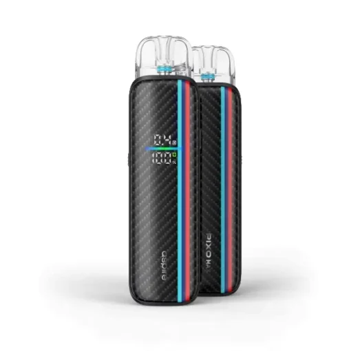 Dual pod vaping device with a carbon-fiber finish blue and red accent stripes and two translucent mouthpieces on a white background
