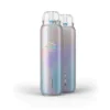 Two iridescent vape mods standing side by side with translucent mouthpieces and a visible digital display on the front device