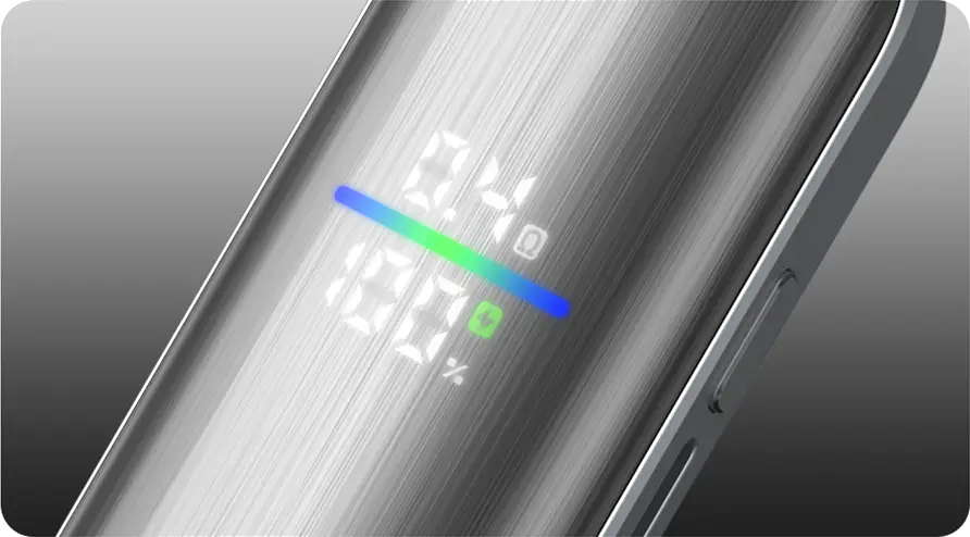 Close-up of a brushed-metal smartphone displaying a blue-green progress bar and a padlock icon on the screen suggesting security or charging status