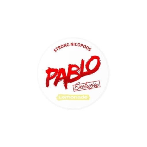 Circular Pablo Lemonade logo bold red PABLO brush lettering Exclusive stamp pale yellow Lemonade ribbon and STRONG NICOPODS arc inside a light circle
