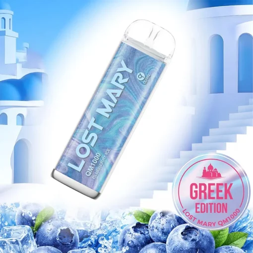 Οπτική απεικόνιση της συσκευής μιας χρήσης με 1000 τζούρες της Lost Mary με γεύση Blueberry Ice.