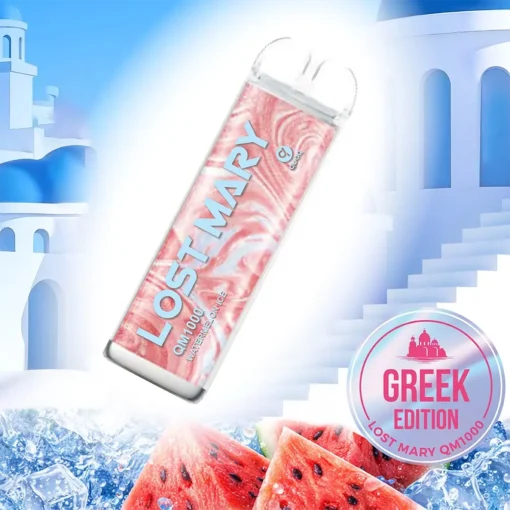 Οπτική απεικόνιση της συσκευής μιας χρήσης με 1000 τζούρες της Lost Mary με γεύση Watermelon Ice.